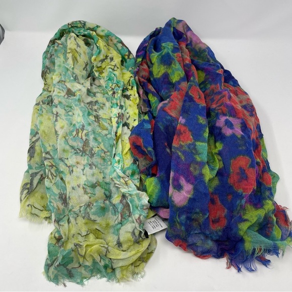 J. Crew Set of 2 Floral Green and Blue Lightweight 100% Wool Scarves NWOT